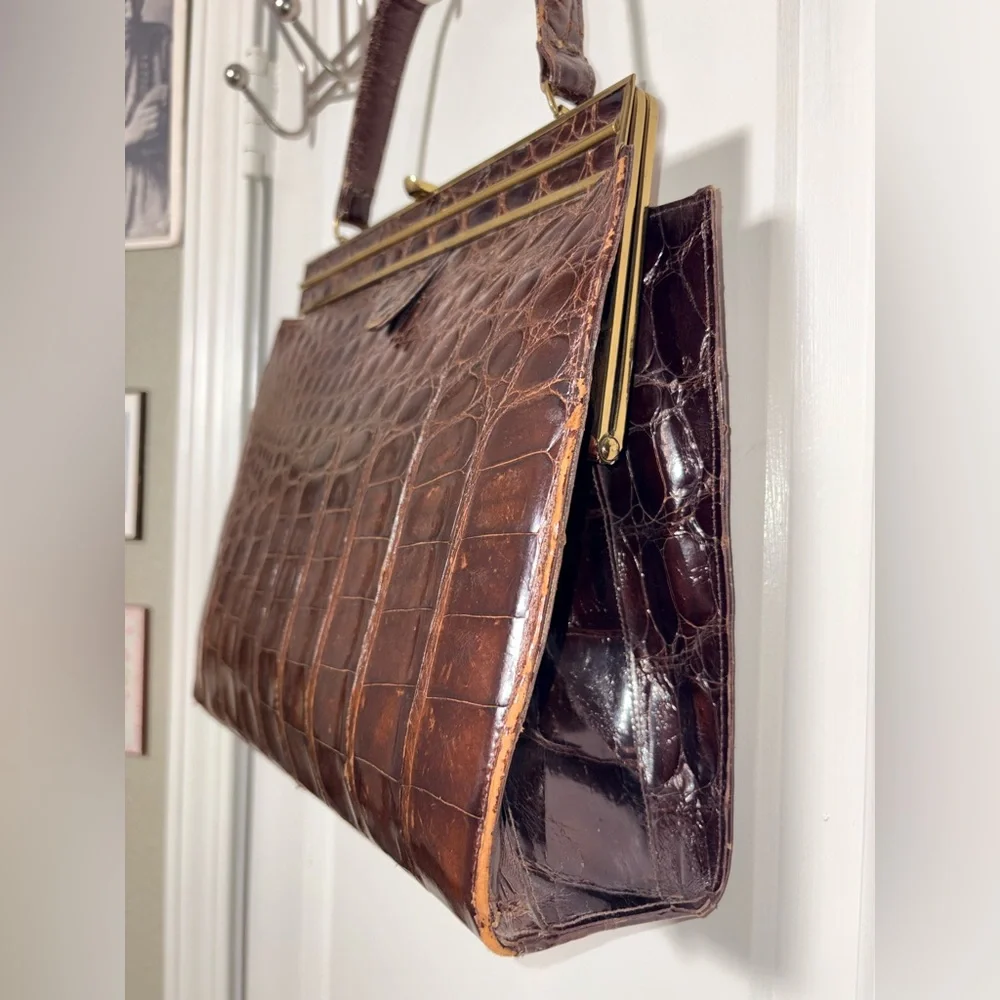 Vintage Vassar Genuine Alligator Satchel Handbag Brown - Picture 3 of 16